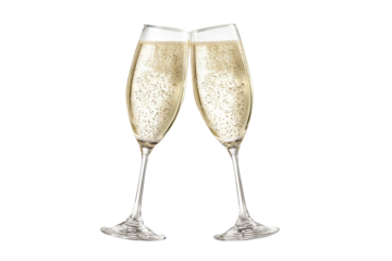 Pair of tall champagne glasses clinking in celebration, pale bubbles rising, isolated on transparent background.
