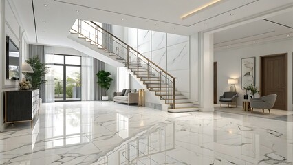 Bright and Elegant Interior with Marble Floors, Stairs, Comfortable Seating, and Natural Light Creates a Welcoming Atmosphere.