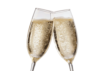 Pair of tall champagne glasses clinking in celebration, pale bubbles rising, isolated on transparent background.
