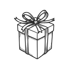 Obraz premium Hand-drawn gift box with ribbon in black and white sketch style