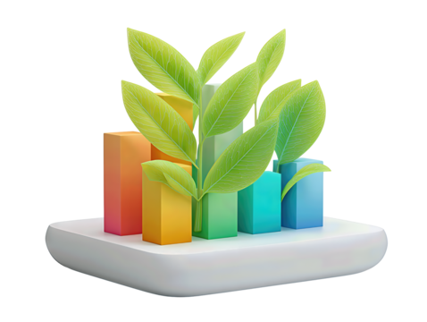 A sustainability growth board with colorful 3D bars sprouting leaves on a platform, soft gradients, isolated on transparent background.
