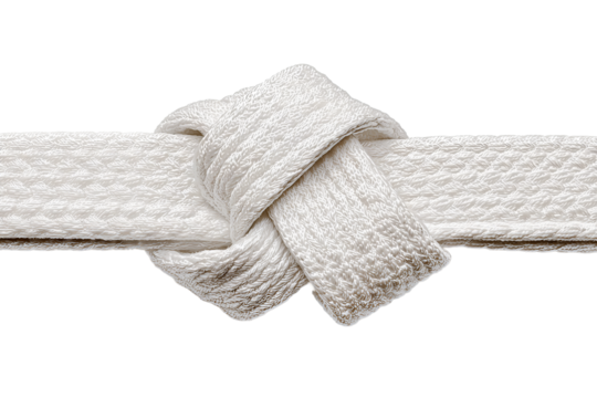 A martial arts white belt tied in a square knot with visible folds, centered flat lay, isolated on transparent background.
