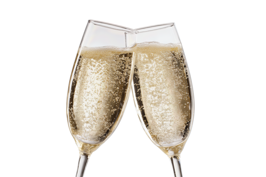 Pair of tall champagne glasses clinking in celebration, pale bubbles rising, isolated on transparent background.
