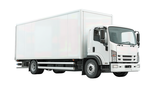 A white delivery box truck with clean cab and cargo body, wheels aligned and windows neutral, isolated on transparent background.
