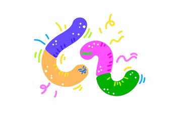 Colorful and playful abstract illustration of two vibrant worms in bright orange, pink, green, and purple, surrounded by fun squiggly lines and dots, creating an energetic and whimsical vibe.