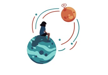 Digital illustration of a person sitting on a blue planet with a red Mars in the background, the person interacting with Mars through speech, surrounded by abstract planetary orbits and motion