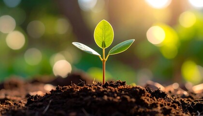 A young sprout emerging from soil, bathed in sunlight