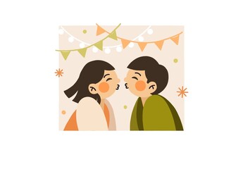 Cartoon illustration of a couple kissing under string lights and festive banners, with soft pastel colors and simple geometric shapes, representing love, romance, and celebration in a joyful setting