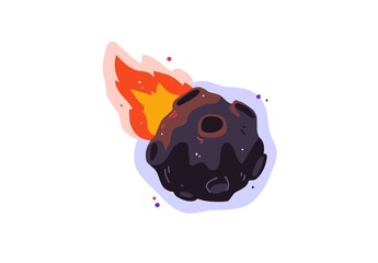 Cartoon illustration of a fiery meteor with flames trailing behind it, flying through space, symbolizing danger and excitement, against a purple background with colorful dots and cosmic elements