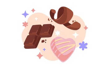 Cartoon illustration of sweet treats including chocolate bars, a heart-shaped candy, and a chocolate ribbon, surrounded by colorful sparkles and flowers, creating a fun, playful dessert design