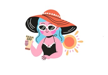 Cartoon illustration of a woman wearing a large sun hat, sunglasses, and SPF sunscreen, holding a bottle of sunscreen, with a bright sun in the background, representing summer and sun protection.