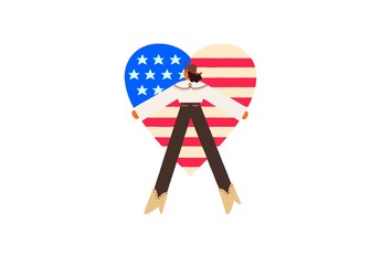 Cartoon illustration of a person standing in front of a heart-shaped American flag, symbolizing patriotism, with a cowboy hat, brown pants, and stylish shoes, conveying a sense of national pride 