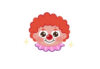 A cute cartoon clown character with bright red curly hair, a pink ruffled collar, and a red nose, surrounded by sparkles, created in a playful and colorful illustration style