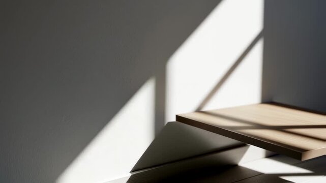 Artistic angle showing the shadow play beneath an invisible bracket floating shelf in a sunlit room corner.