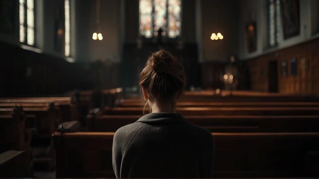Woman praying in a church, sitting on wooden pews with stained glass windows, creating a dark and moody atmosphere.