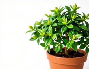Fototapeta premium Small potted tree isolated on white, lush green foliage, healthy plant, vibrant leaves, decorative houseplant, indoor plant, nature, botany, gardening, spring, small, foliage, leaves