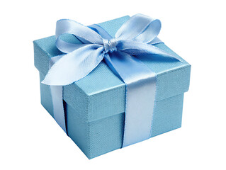 Fototapeta premium A square blue ribbon gift box with satin bow on top, shown with slight perspective tilt, isolated on transparent background. 