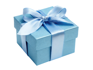 A square blue ribbon gift box with satin bow on top, shown with slight perspective tilt, isolated on transparent background.
