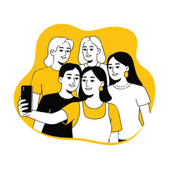Group of friends taking selfie together, happy people illustration