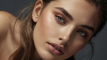 Fototapeta premium Belleza femenina con mirada intensa y sofisticada, luciendo maquillaje de ojos glamuroso con glitter, pestañas voluminosas y piel radiante, ideal para campañas de belleza y moda.