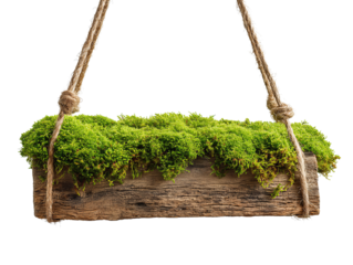 Wooden plank planter hung by twine with lush green moss covering, natural and soft, isolated on transparent background.
