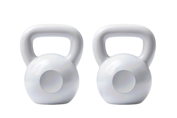 Two matte white kettlebells of different sizes with smooth handles, front view, isolated on transparent background.
