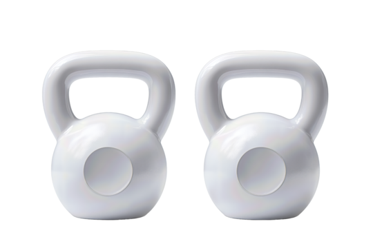 Two matte white kettlebells of different sizes with smooth handles, front view, isolated on transparent background.
