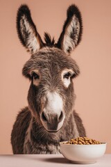 Fototapeta premium cute donkey portrait with a bowl of food on neutral background farm animal fluffy donkey