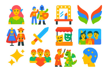 Fototapeta premium Festival Costume Icons. Flat vector icons of costume festivals: fantasy cosplay, character parade, makeup station, wing