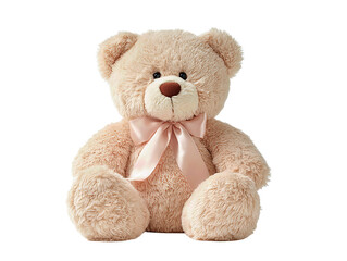 Obraz premium Classic soft teddy bear toy with satin bow accent, seated front-facing, isolated on transparent background. 