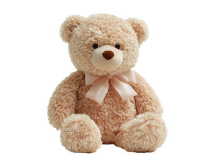 Obraz premium Cute teddy bear plush with satin neck ribbon, neutral beige fur, and friendly pose, isolated on transparent background. 