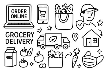 Grocery Delivery Icons. Grocery delivery doodle set: hand drawn icons for online food orders and contactless drop-offs, isolated