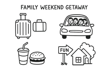 Family Vacation Icons. Family weekend getaway doodle set: hand drawn icons for suitcases, car rides, roadside snacks, and