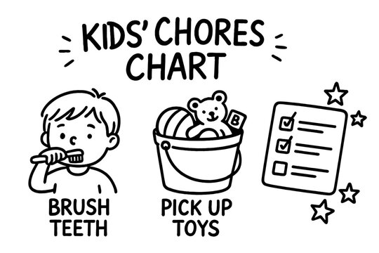 Kids' Chores Icons. Kids’ chores chart doodle set: hand drawn icons for brushing teeth, picking toys, and fun checklists, isolated
