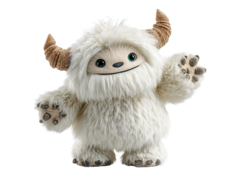 Standing yeti ornament with outward paws, playful horns, and charming friendly look, isolated on transparent background.
