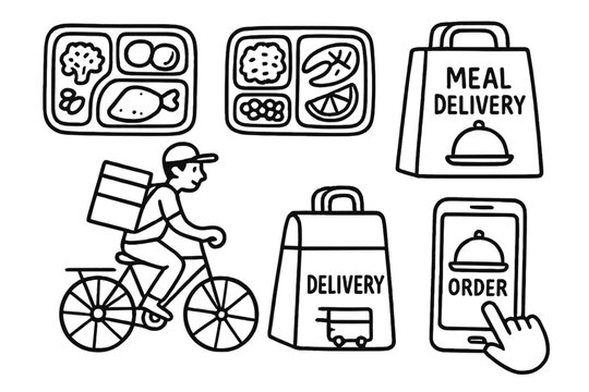 Meal Delivery Doodle. Meal delivery service doodle set: hand drawn icons for packaged dinners, courier bags, and app-based orders,