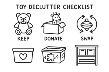 Toy Declutter Doodle Set. Toy declutter checklist doodle set: hand drawn icons for keep-donate-swap system and storage icons,
