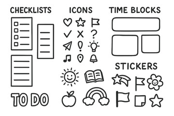 Fototapeta premium Kids Planner Doodle. Printable kids planner doodle set: hand drawn icons for checklists, icons, time blocks, and stickers,