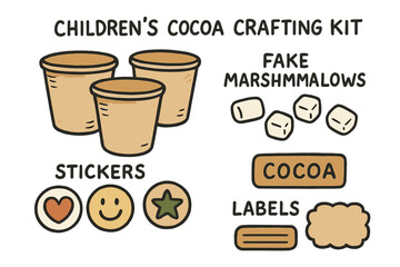 Cocoa Crafting Kit Doodles. Children’s cocoa crafting kit doodle set: hand drawn icons for paper cups, fake marshmallows, stickers