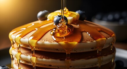 High-contrast image of honey streaming over a stack of pancakes, golden glow.
