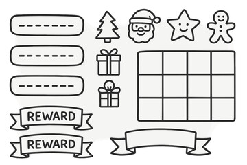Holiday Sticker Chart. Holiday sticker chart system doodle set: hand drawn icons for name rows, icons, daily boxes, and reward