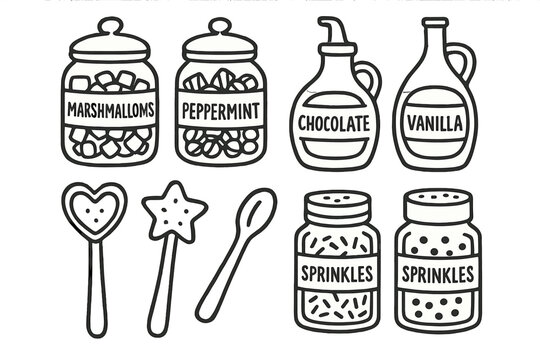 Cocoa Bar Doodle Set. Kids cocoa decorating bar doodle set: hand drawn icons for toppings jars, syrup, cookie spoons, and sprinkle