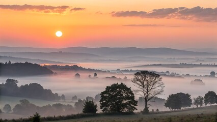 Fototapeta premium Golden Sunrise Over Misty Valley Landscape with Trees and Rolling Hills at Early Morning Light.
