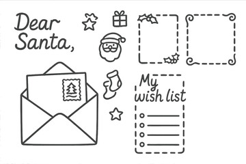 Santa Letter Doodles. Printable letter to Santa templates doodle set: hand drawn icons for greeting lines, icon borders, envelope