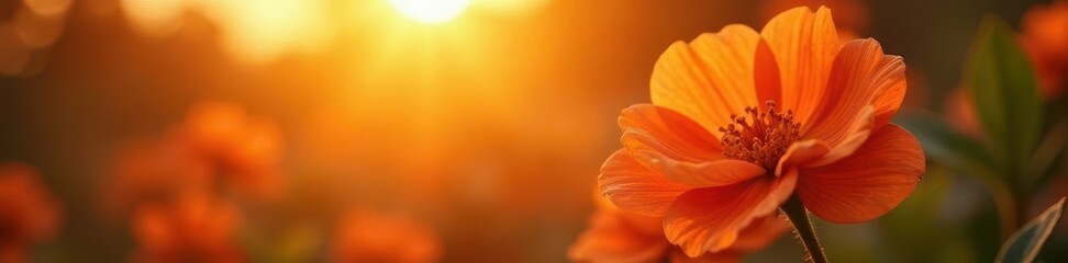 Orange blossoms bathed in sunset's warm hues, delicate petals glowing , golden hour, fragrance