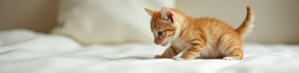 Playful kitten pouncing on puppy on soft white surface, fur, cuddle