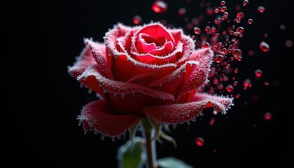 A stunning crimson blossom is edged with delicate ice crystals