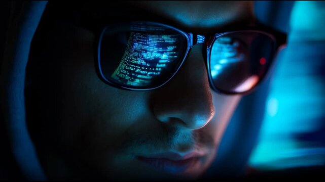 A hacker wearing sunglasses with digital code reflecting in the lenses, working on their computer at night under blue light. 