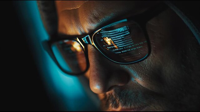 Close-up photo of a hacker wearing sunglasses, with the reflection in the glasses showing blue digital code.