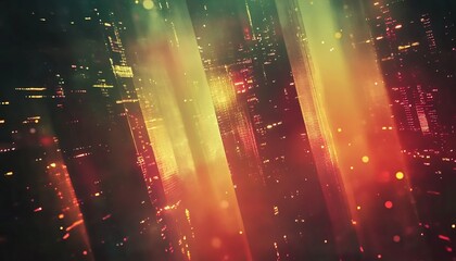 The illustration shows a futuristic city at night, viewed from an elevated perspective, with tall buildings illuminated by warm and bright lights.